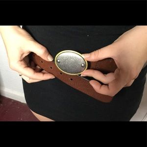 FOSSIL Brown Leather Belt 2 Tone Buckle Size Small